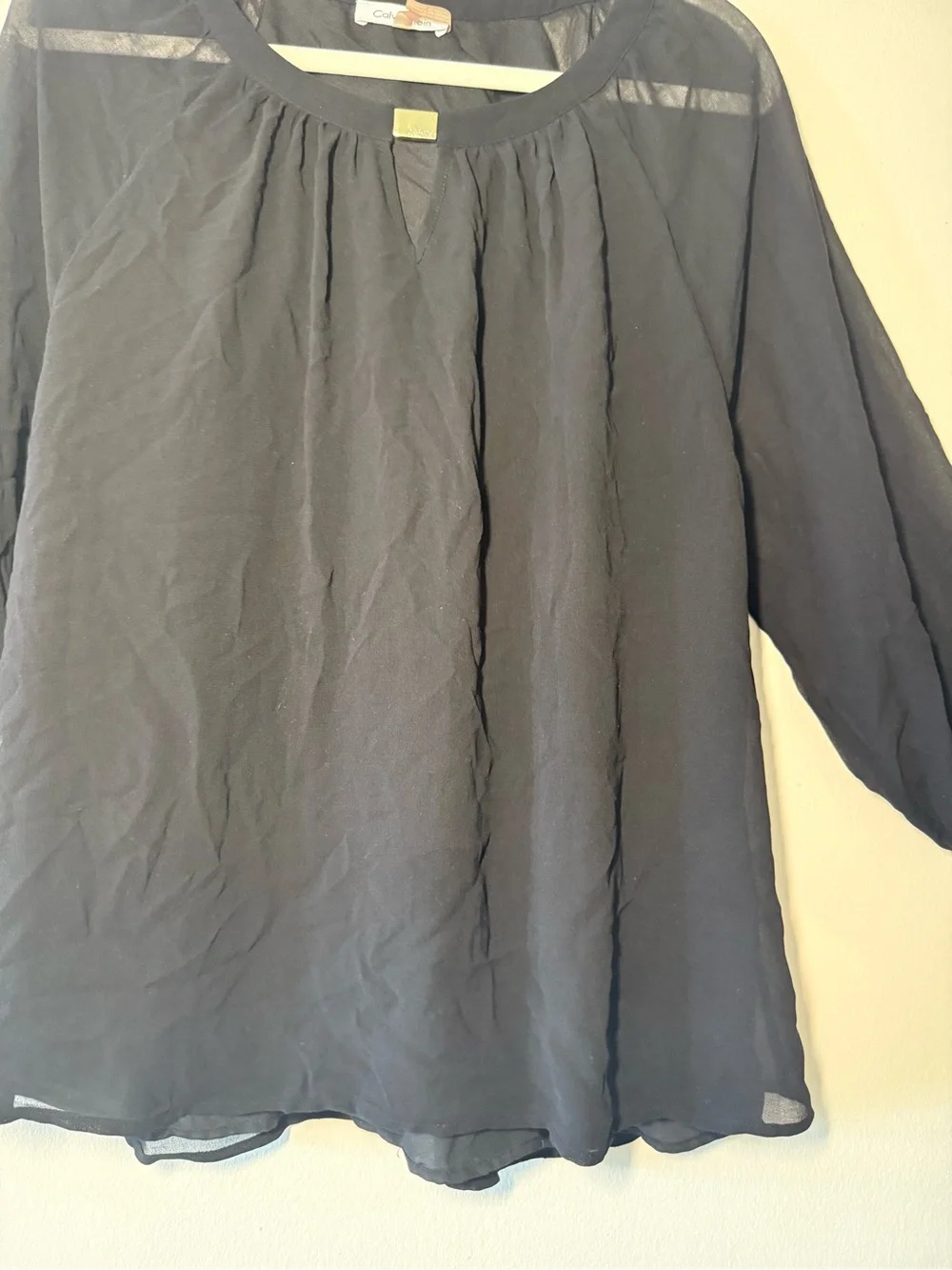 Calvin Klein Black Sheer Gathered Neck Blouse